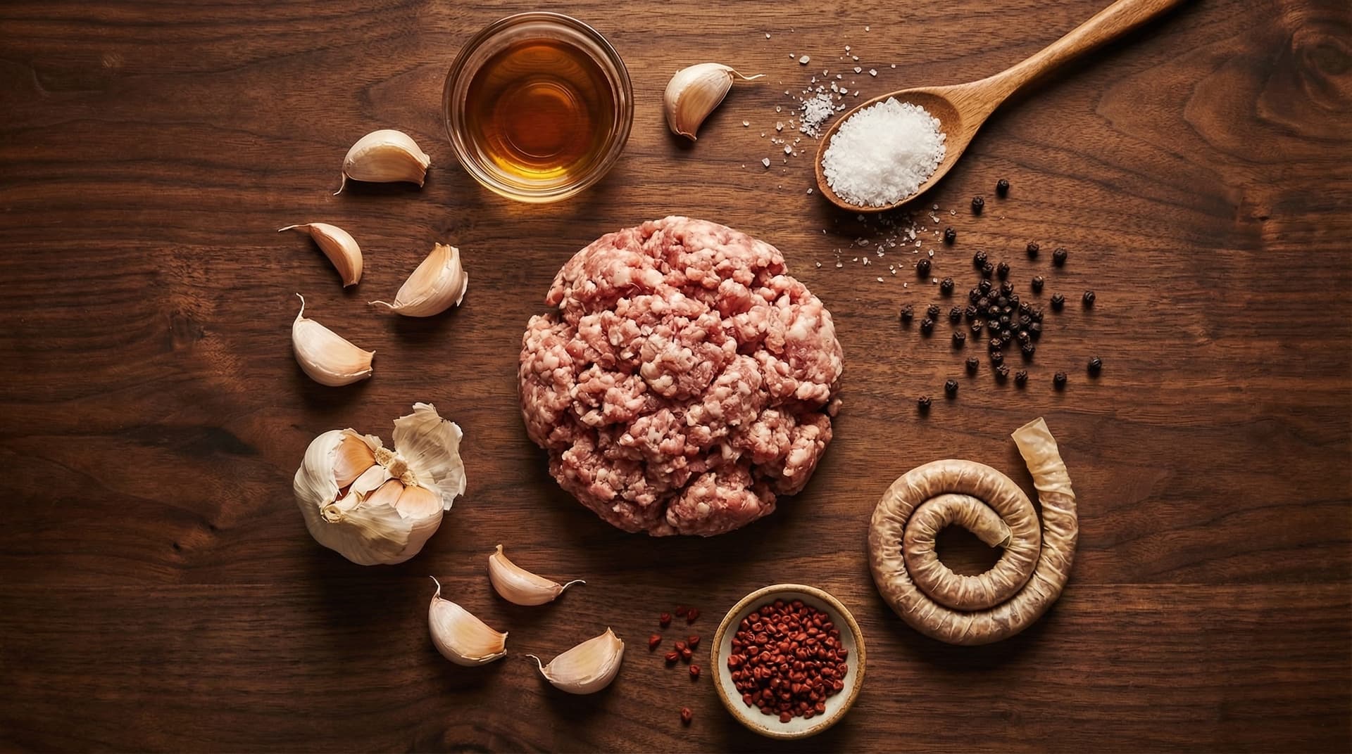 Ilocos longganisa ingredients — ground pork, garlic, vinegar, salt, peppercorns, annatto, and natural casing