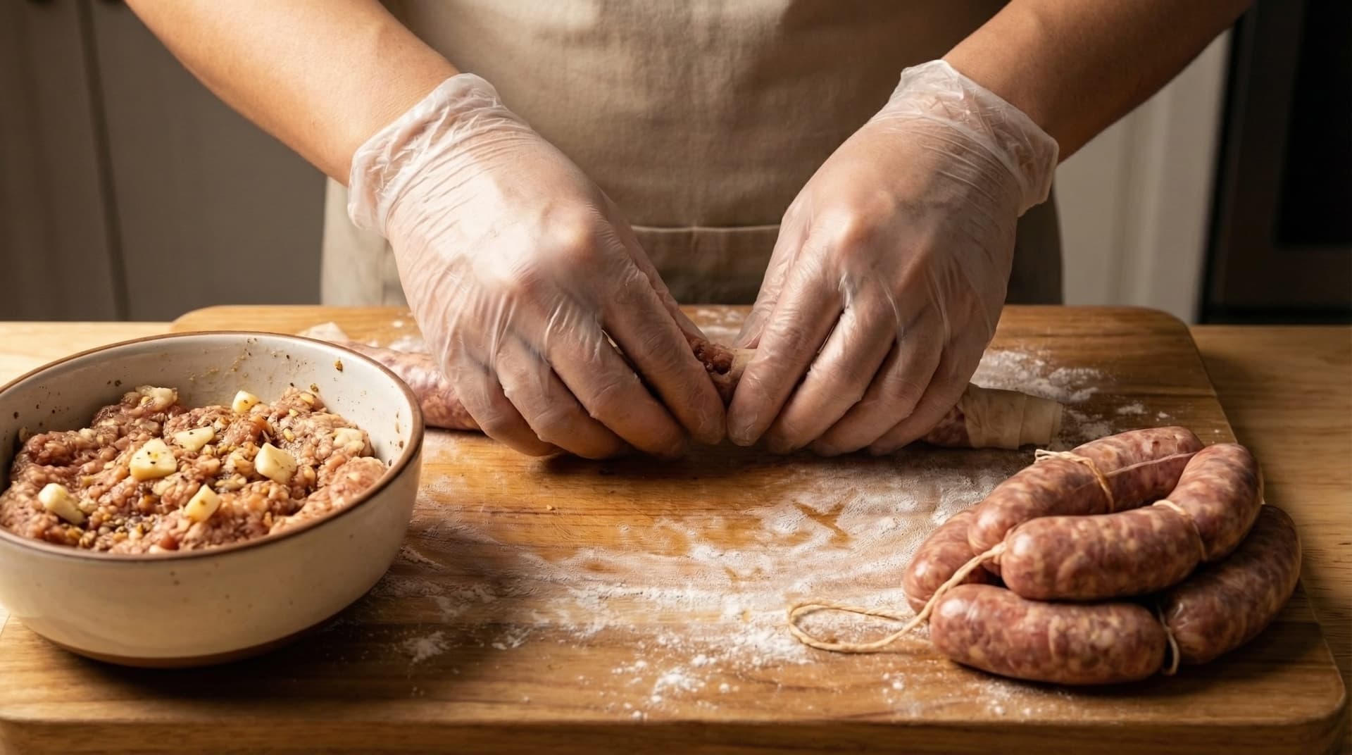 Hands stuffing fresh Ilocos longganisa into natural casing